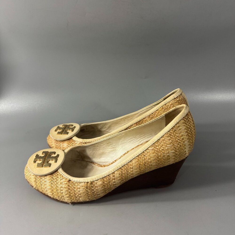 TORY BURCH Tory Burch Beige White Jute Leather Wedge Pumps, Women’s SZ 9 - Picture 6 of 16